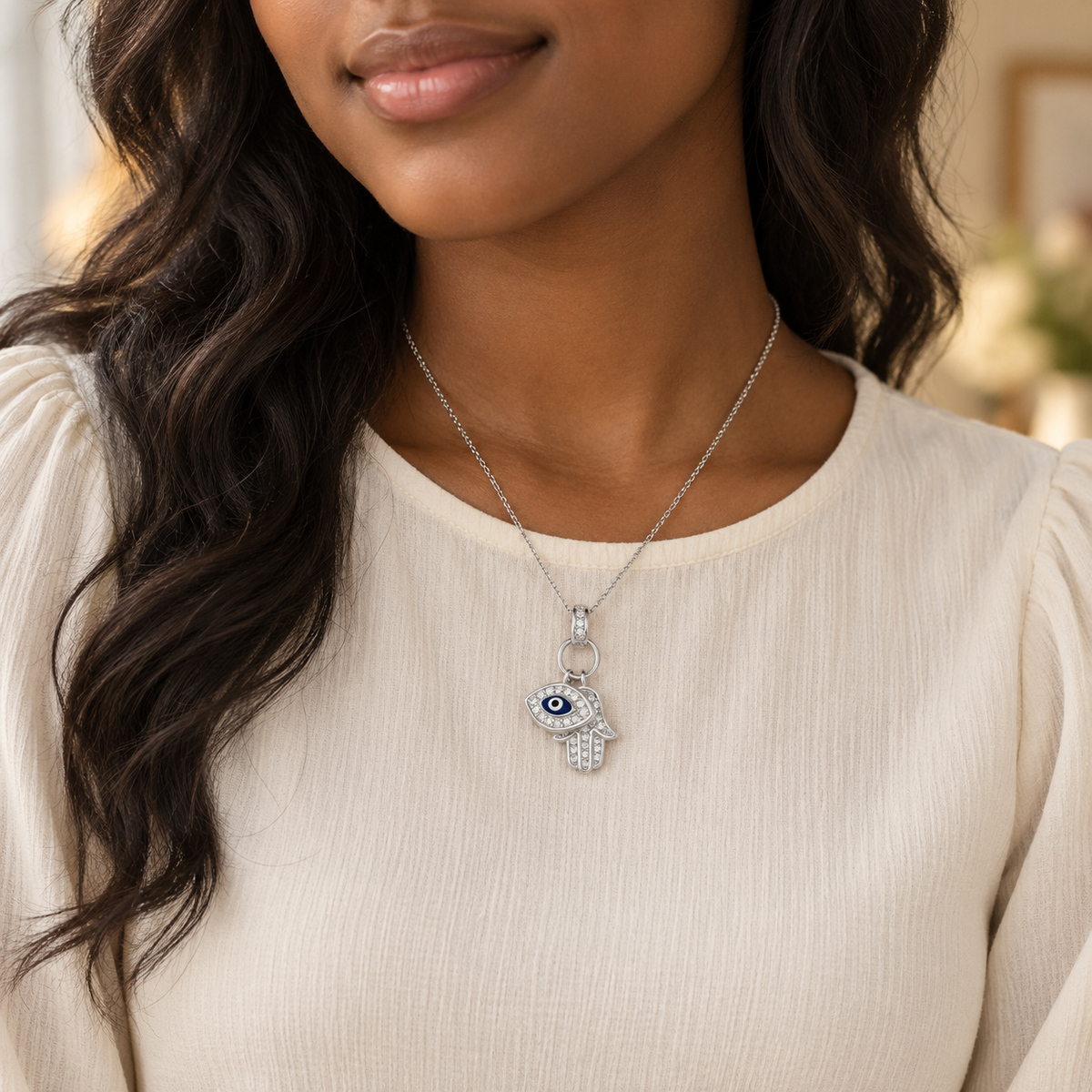 Maali Sterling Silver  Evil Eye and Hamsa Encrusted Charm Pendant