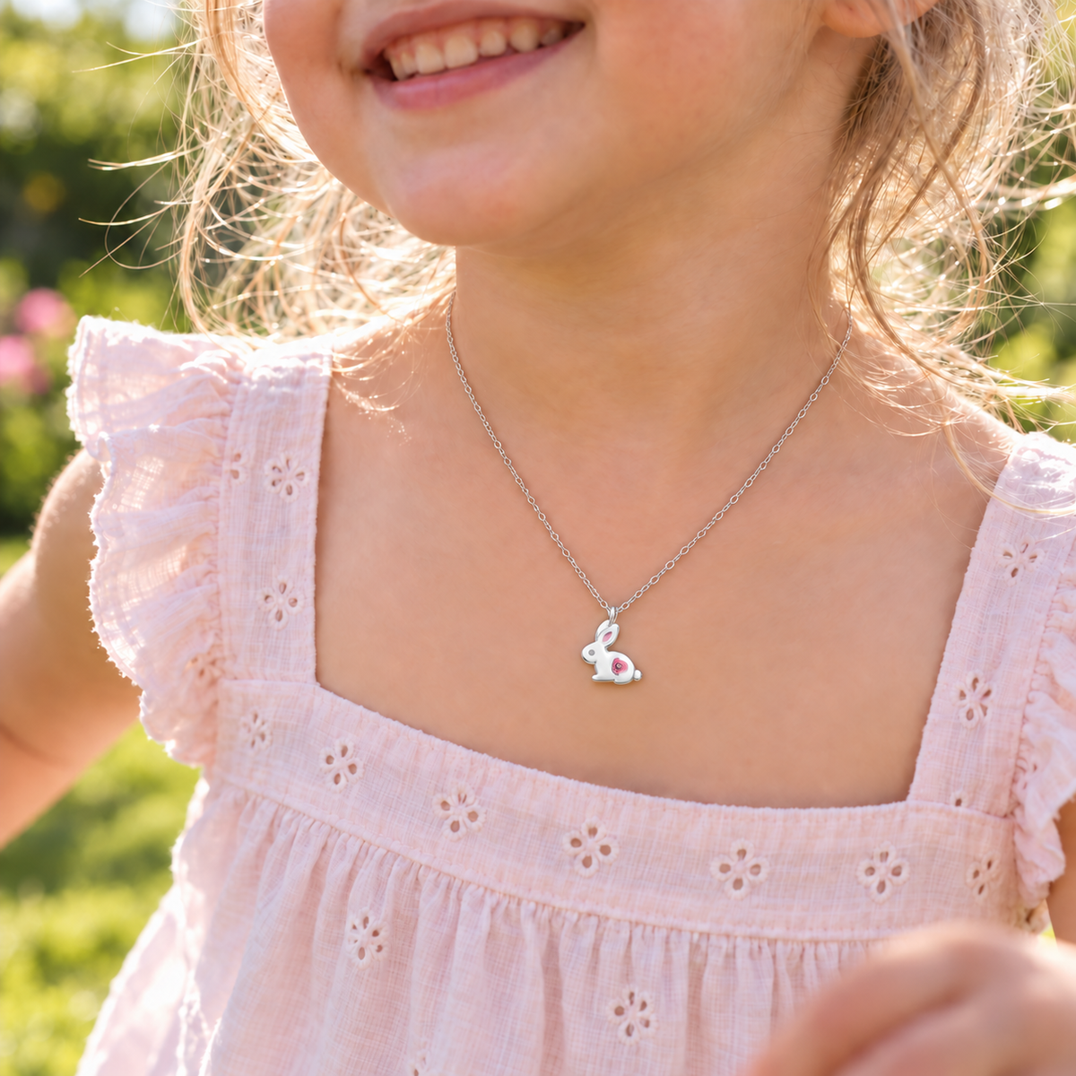 Bessie White Enamel Bunny Necklace with Pink Crystal