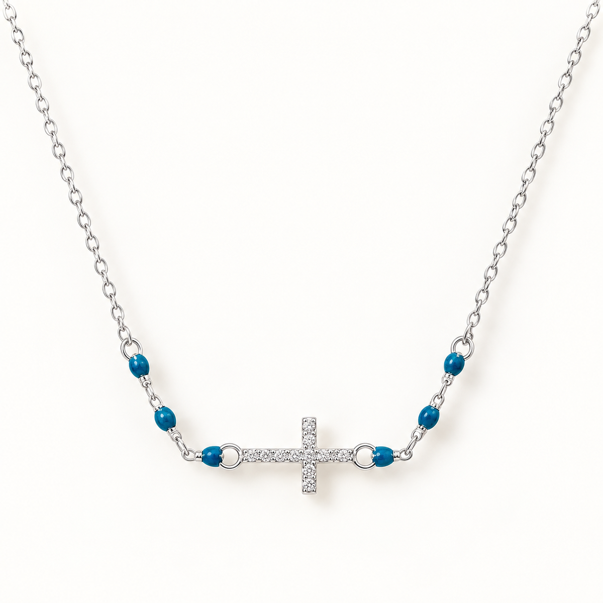 Cameron Sterling Silver Sparkling Sideway Cross Necklace with Enamel Beads
