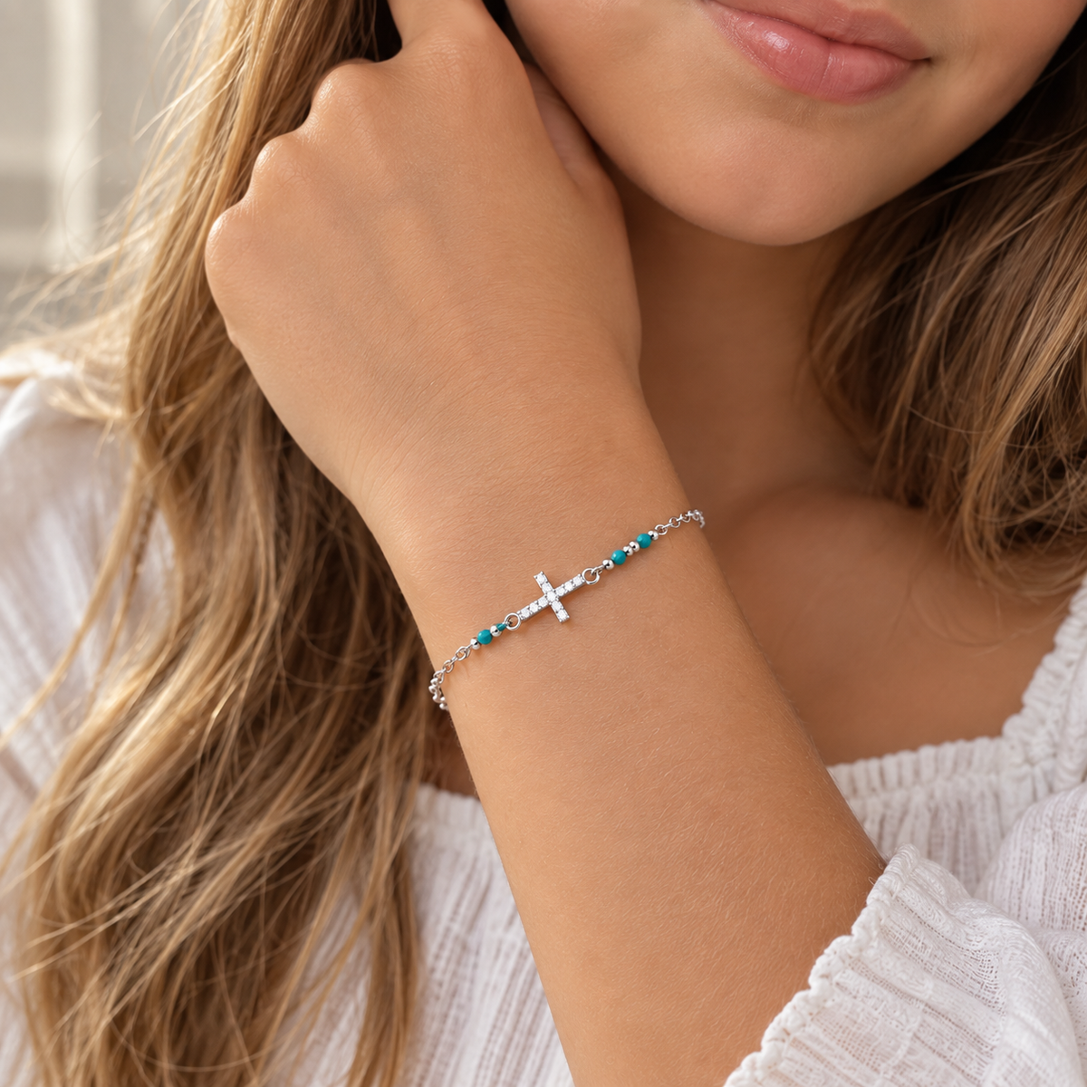 Evie Sterling Silver Sparkling Sideways Cross Bracelet With Enamel Beads