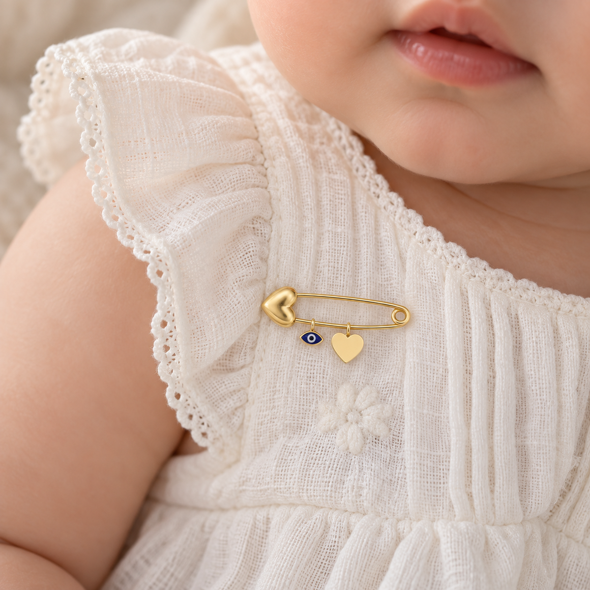 Cassidy Solid Yellow Gold Baby Pin with Heart and Evil Eye Charm