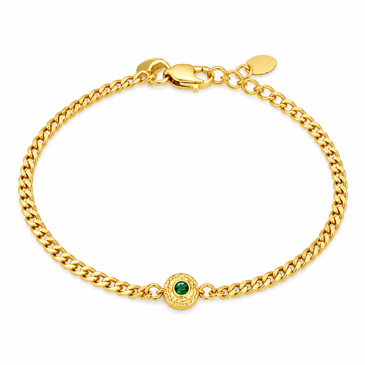 Anne Sterling Silver Gold Plated Flat Curb Bracelet with Hammered Circle