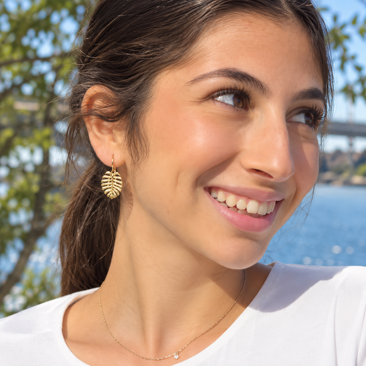 Sylvie Monstera Leaf Solid Gold Drop Earrings