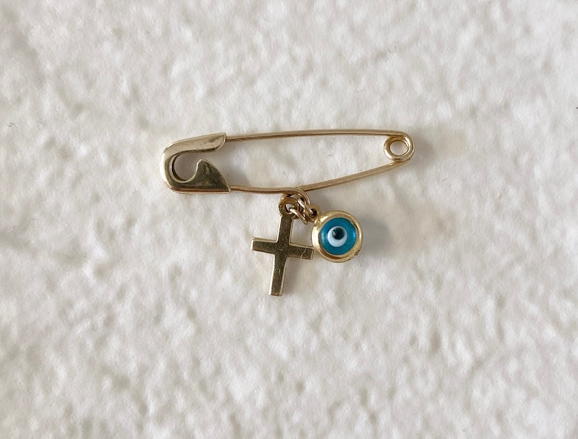 Micah Solid Gold Baby Pin with Cross and Eye Charm - Caesar Loves Ava