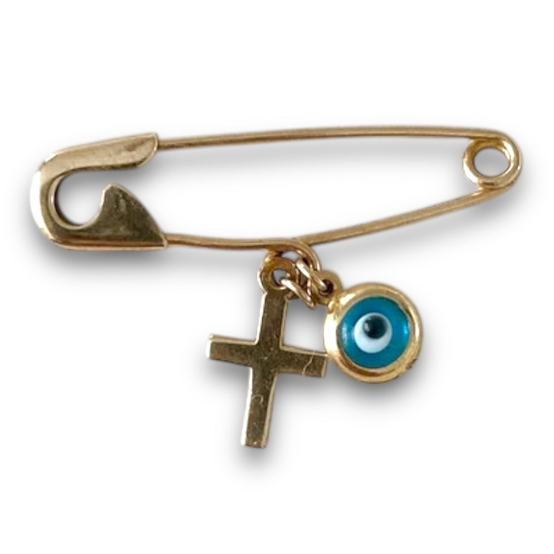 Micah Solid Gold Baby Pin with Cross and Eye Charm - Caesar Loves Ava