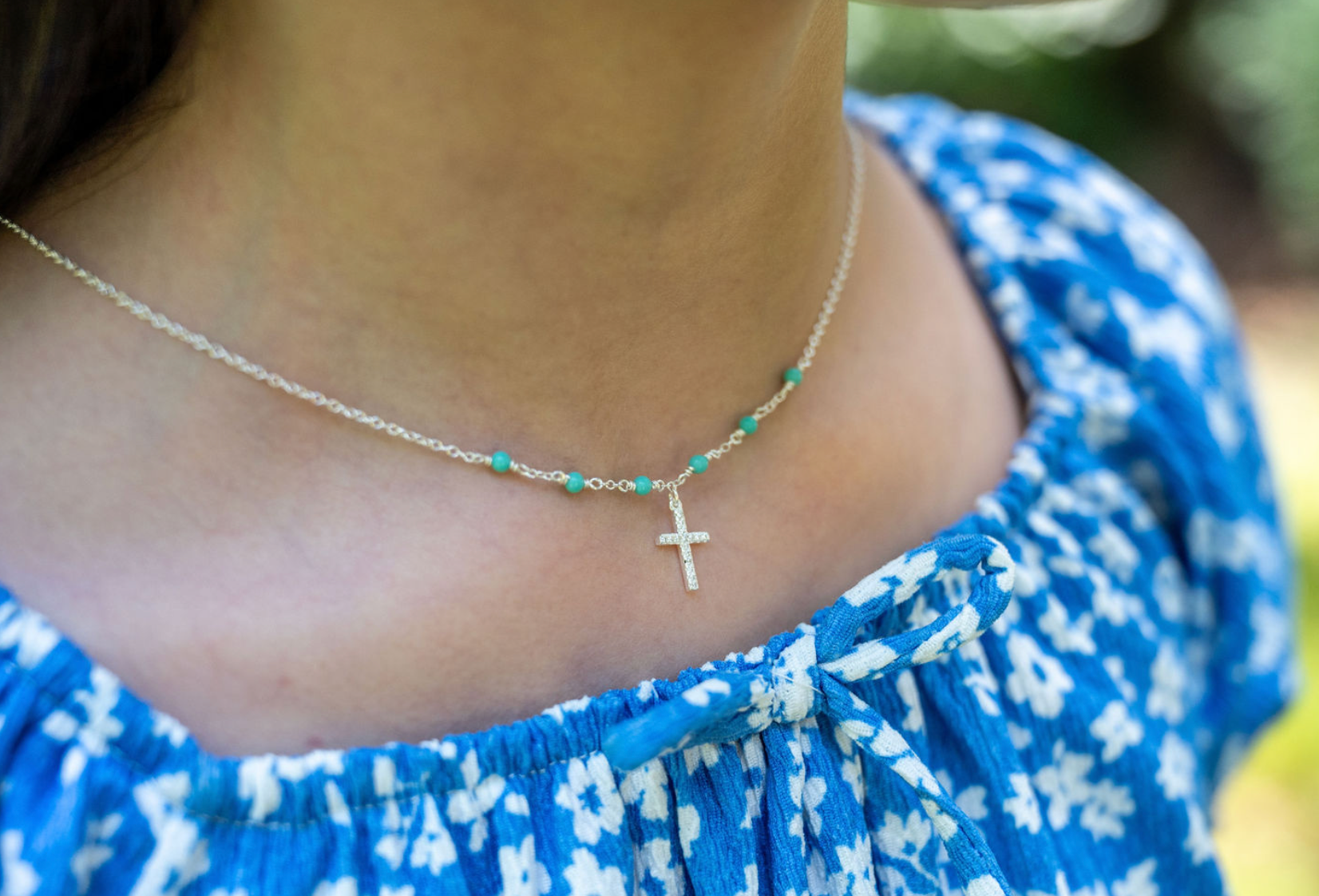 Eden Sterling Silver Dazzling Cross Necklace with Turquoise Beads - Caesar Loves Ava