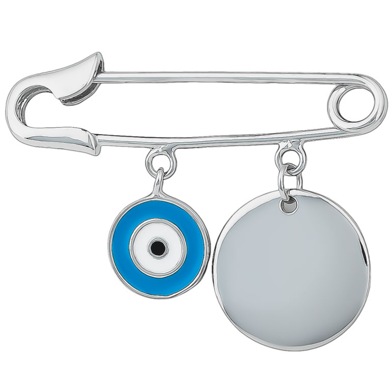 Suraya Sterling Silver Baby Pin with Evil Eye and Engravable Disc - Caesar Loves Ava