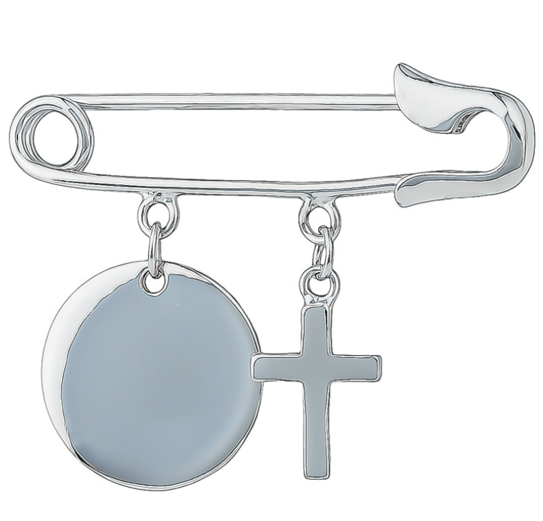 Alayah Sterling Silver Baby Pin with Cross and Engravable Disc Charm - Caesar Loves Ava