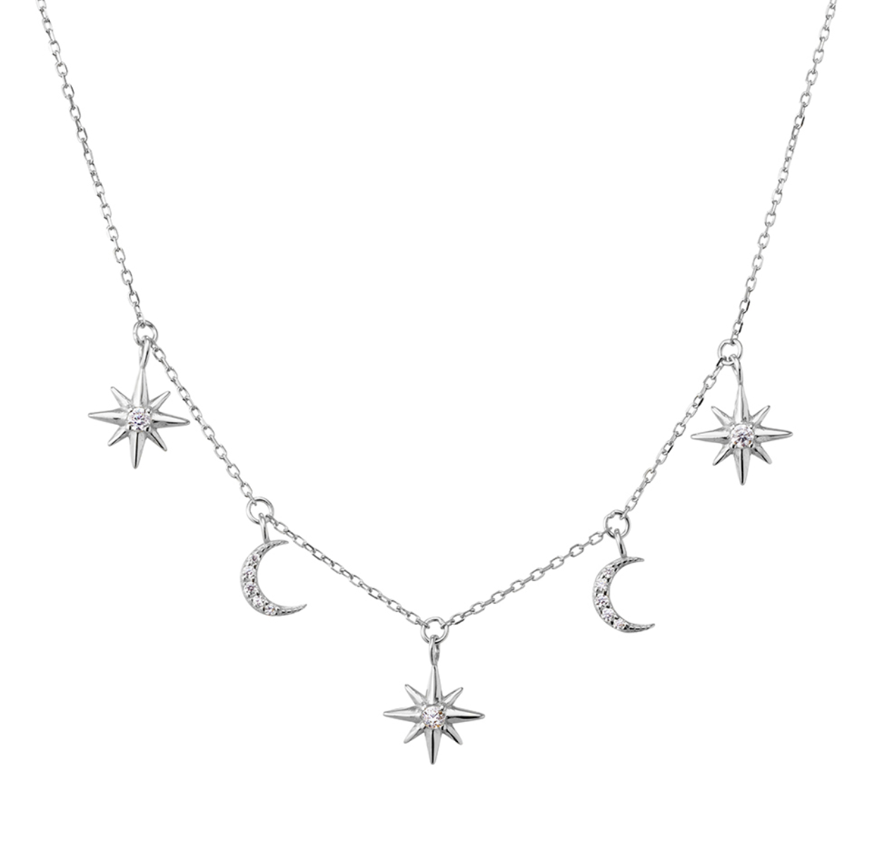 Laala Dazzling Moon and Star Charms Sterling Silver Necklace