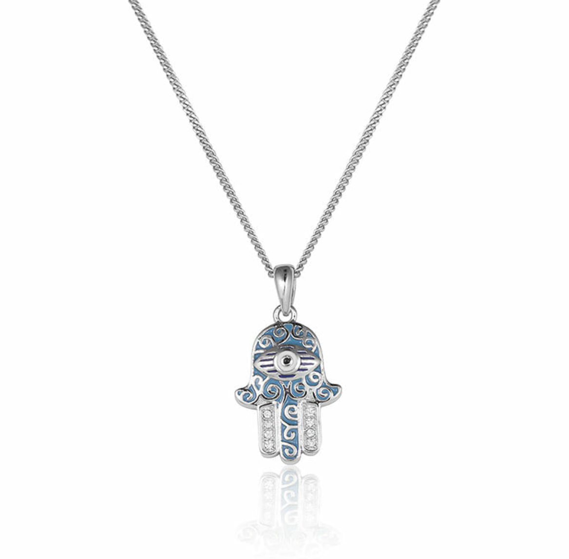 Lilan Dazzling Rhodium Plated Sterling Silver and Enamel Hamsa Pendant