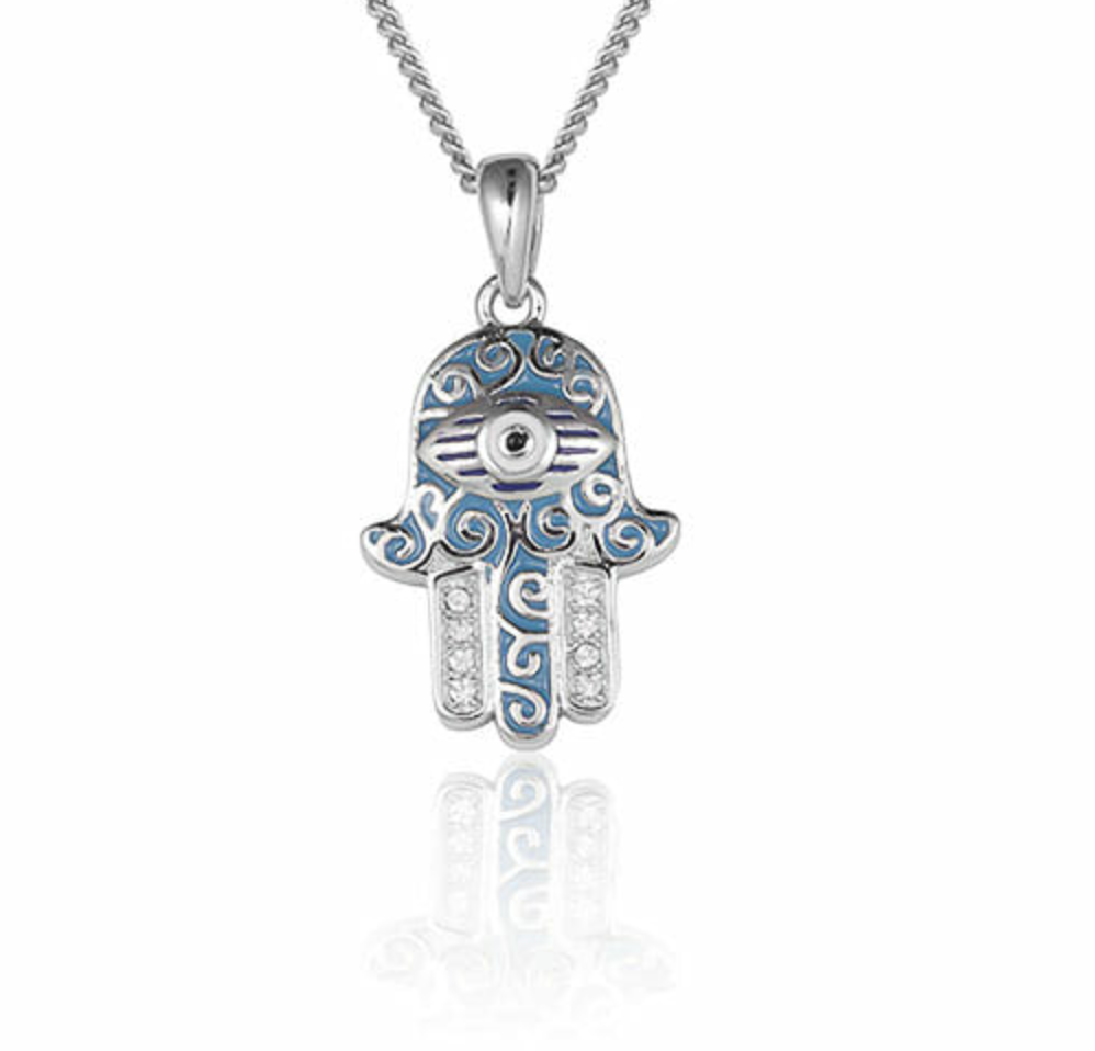Lilan Dazzling Rhodium Plated Sterling Silver and Enamel Hamsa Pendant