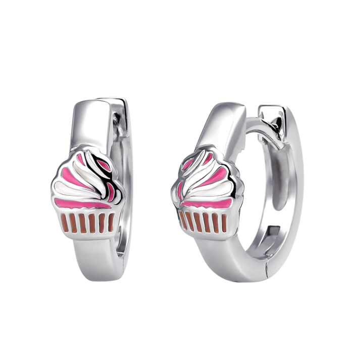 Emilea Silver Huggies with Enamel Cupcake