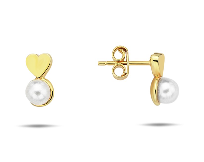 Katie Yellow Gold Mini Heart and Freshwater Pearl Stud Earrings - Caesar Loves Ava
