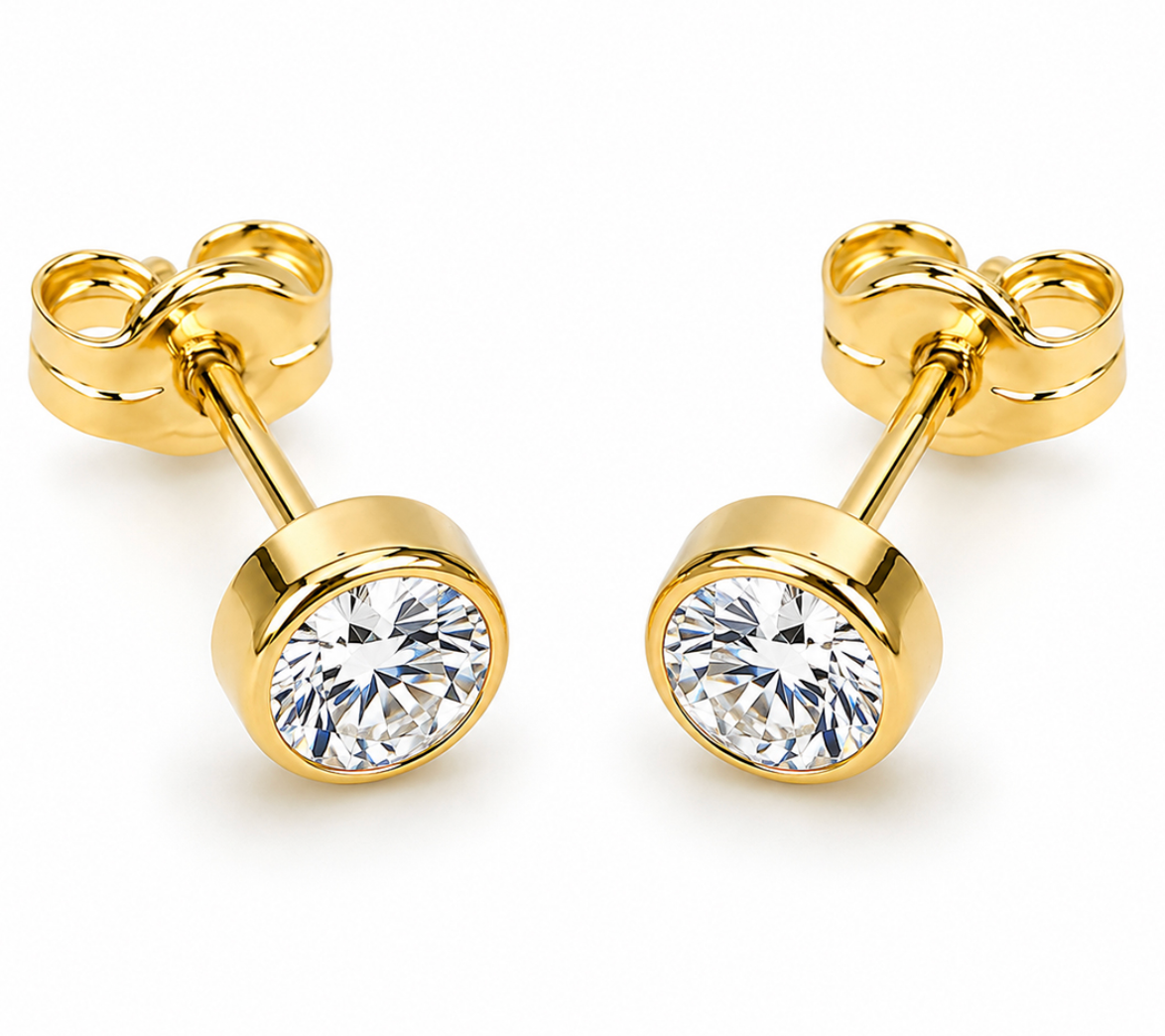 Mandy Solid Gold and Cubic Zirconia Round Bezel Set Stud Earrings