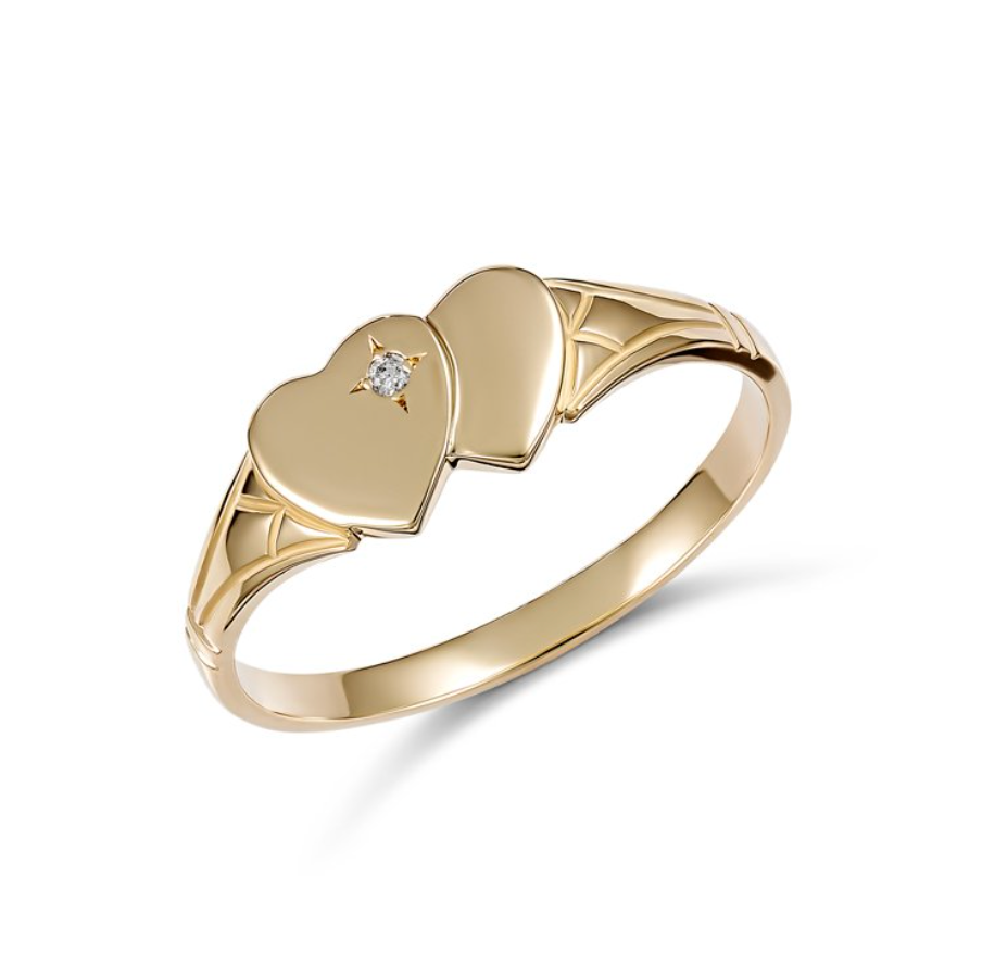 Eleanor Double Heart Solid Gold and Diamond Signet Ring - Caesar Loves Ava