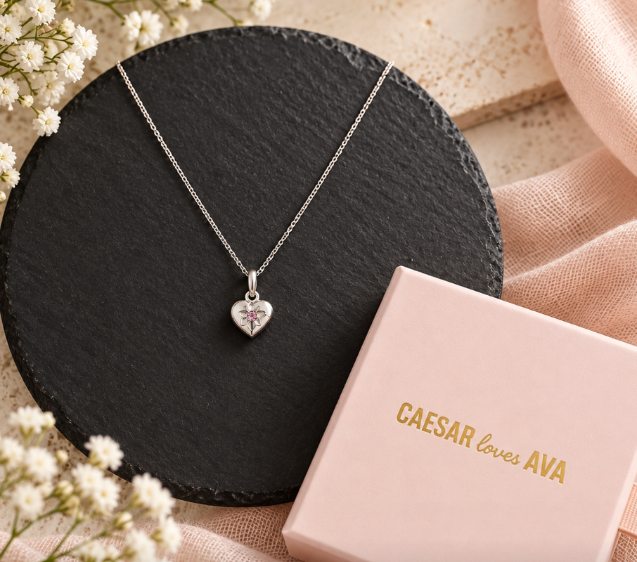 Hannah Sterling Silver Puff Heart Necklace with Pink CZ