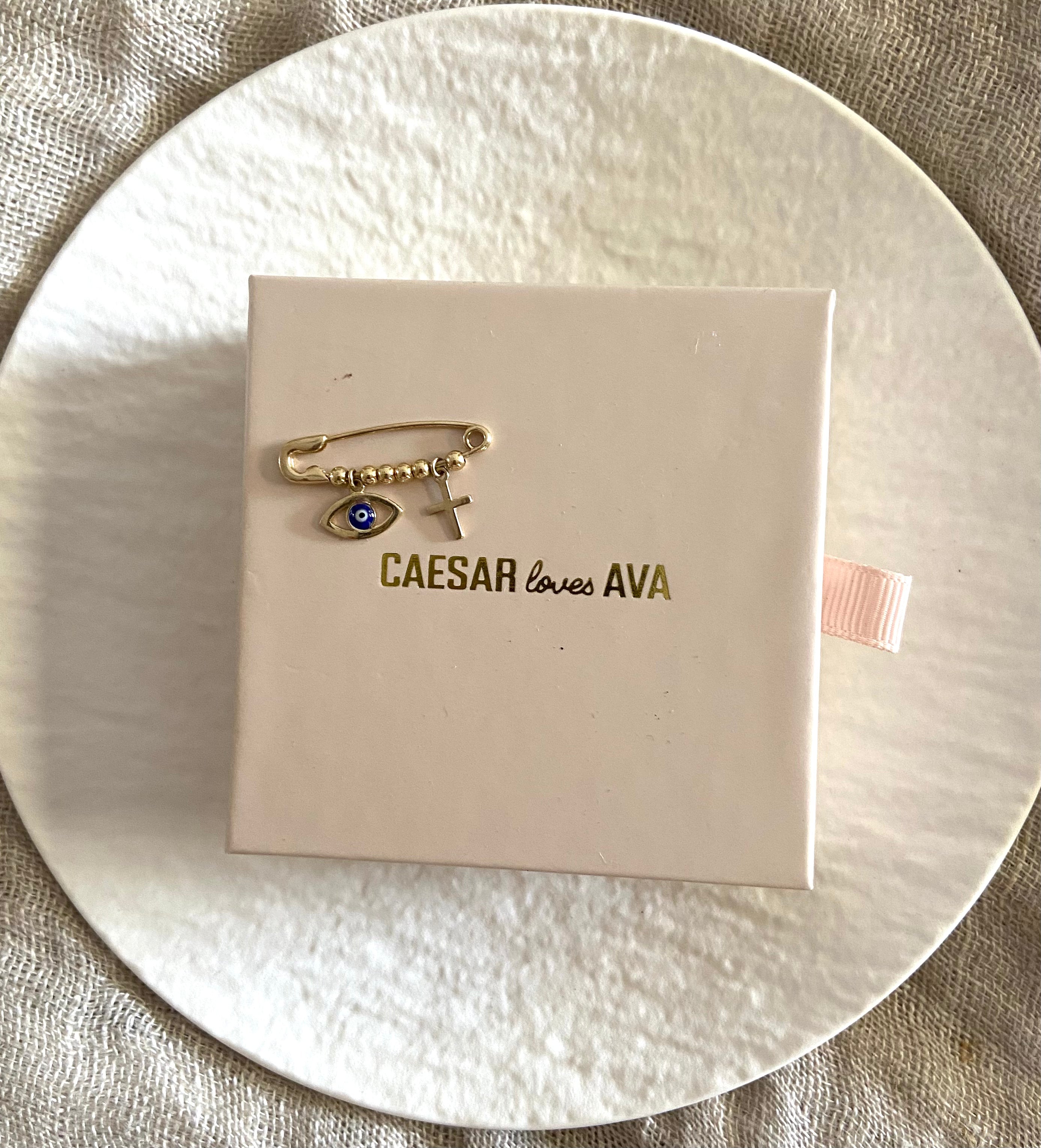 Charlie Solid Gold Safety Pin with Gold Balls, Cross and Evil Eye Charms - Caesar Loves Ava
